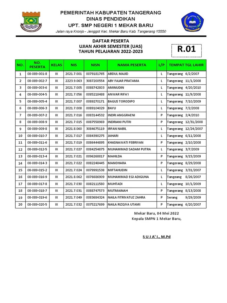 Daftar Hadir Peserta PAS 2022-2023 | PDF