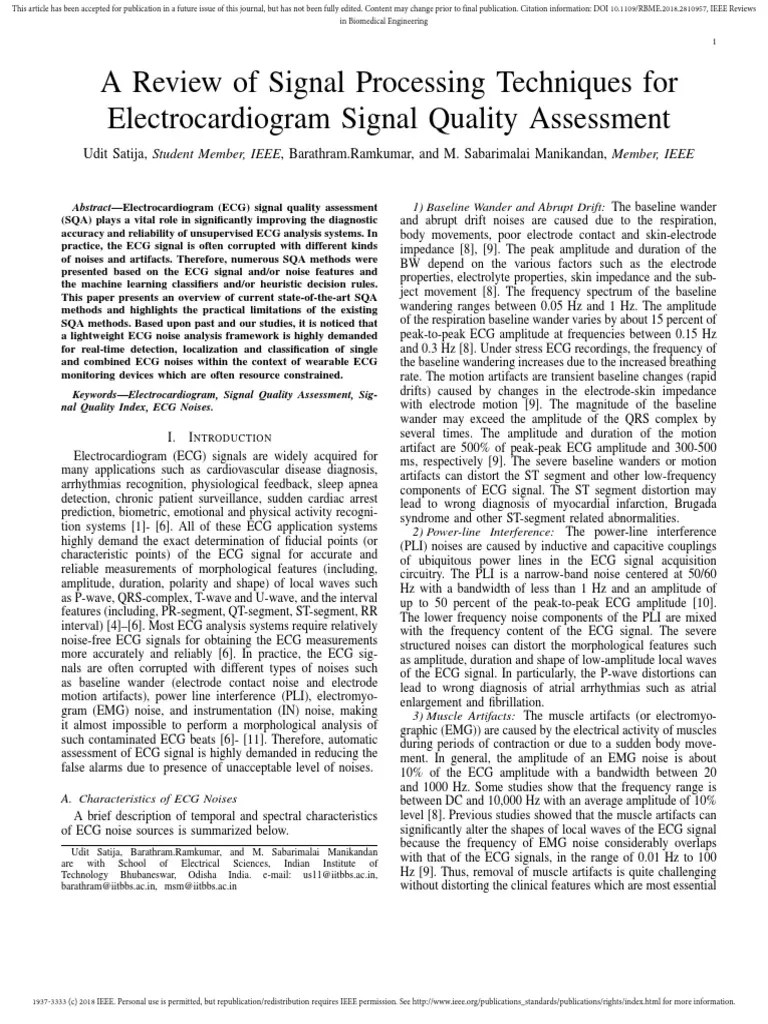 A Review Of Signal Processing Techniques For Electrocardiogram Signal Quality Assessment | PDF