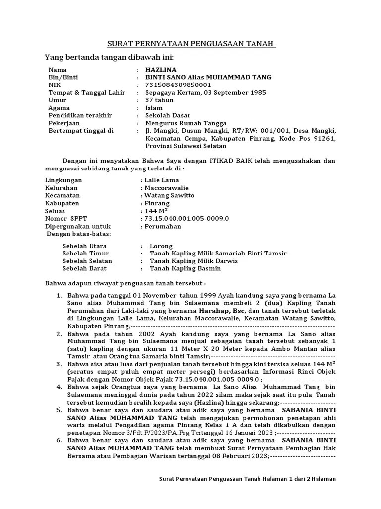 Contoh Surat Pernyataan Kepemilikan Tanah | PDF