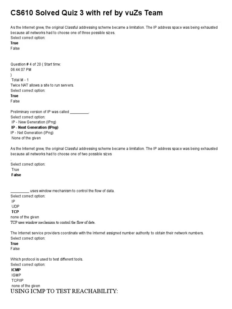 CS610 Solved Quiz 3 With Ref By Vuzs Team | PDF | Internet Protocols ...