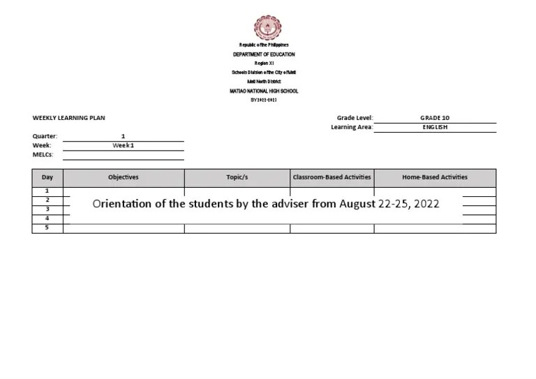Weekly Learning Plan (2022-2023) | PDF
