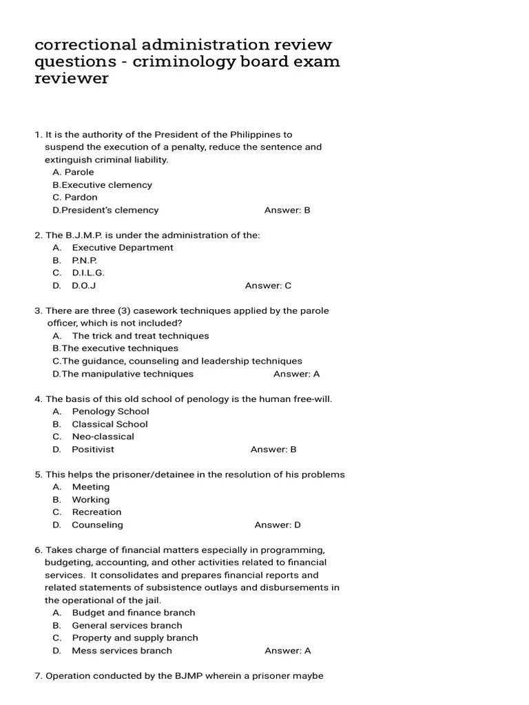 Correctional Administration Review Questions - Criminology Board Exam ...
