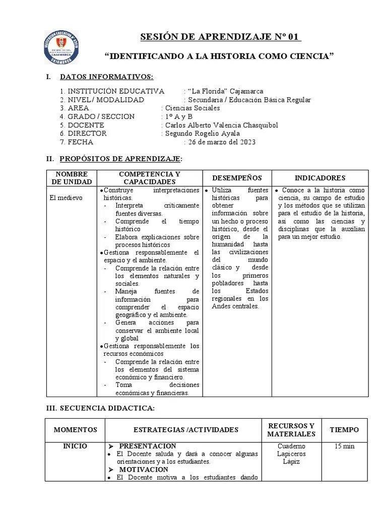 Sesión De Aprendizaje CC - Ss. 1° I Unidad | PDF | Maestros | Perú