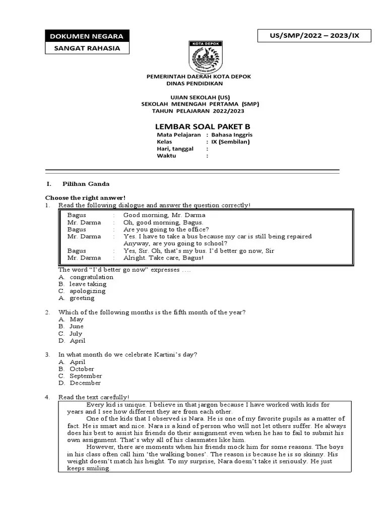 Paket B - Soal Us - Bahasa Inggris - TH 2022-2023 | PDF | Bat | Cakes