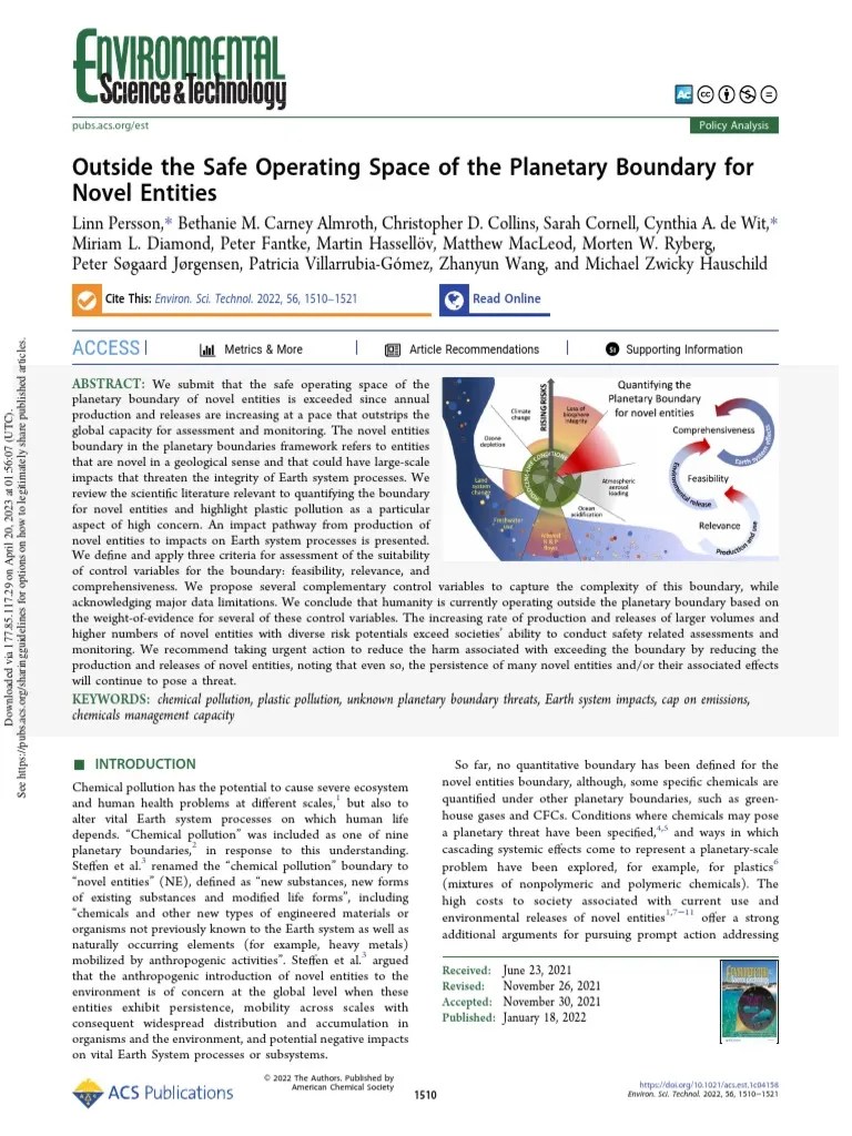 Persson Et Al. - Outside The Safe Operating Space Of The Planetary Boundary For Novel-Entities ...