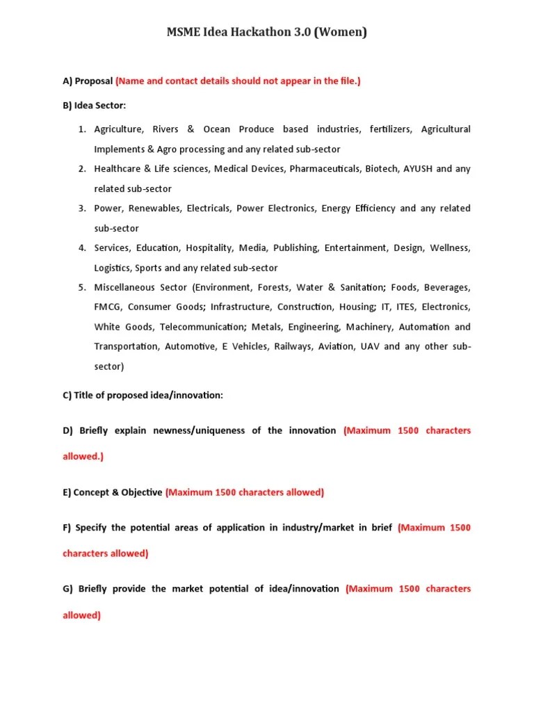 MSME Idea Hackathon 3.0 (Women) - Proposal Format | PDF