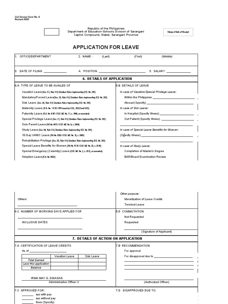 Leave Form-CS Form No. 6, Revised 2020 | PDF | Labor | Government
