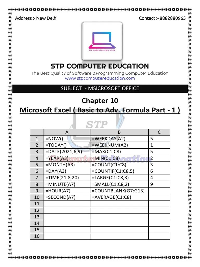 Chapter - 10 Microsoft Excel (Basic To Adv. Formula Part - 1) | PDF