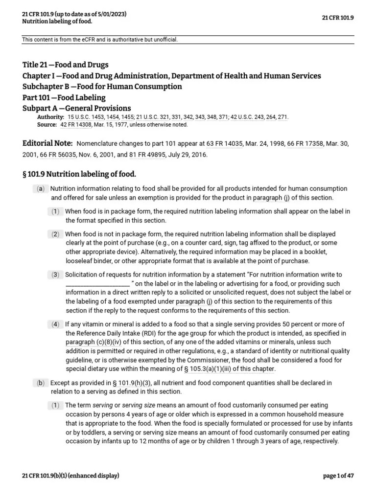21 CFR 101.9 (Up To Date As Of 5-01-2023) | PDF | Food Energy | Diet ...