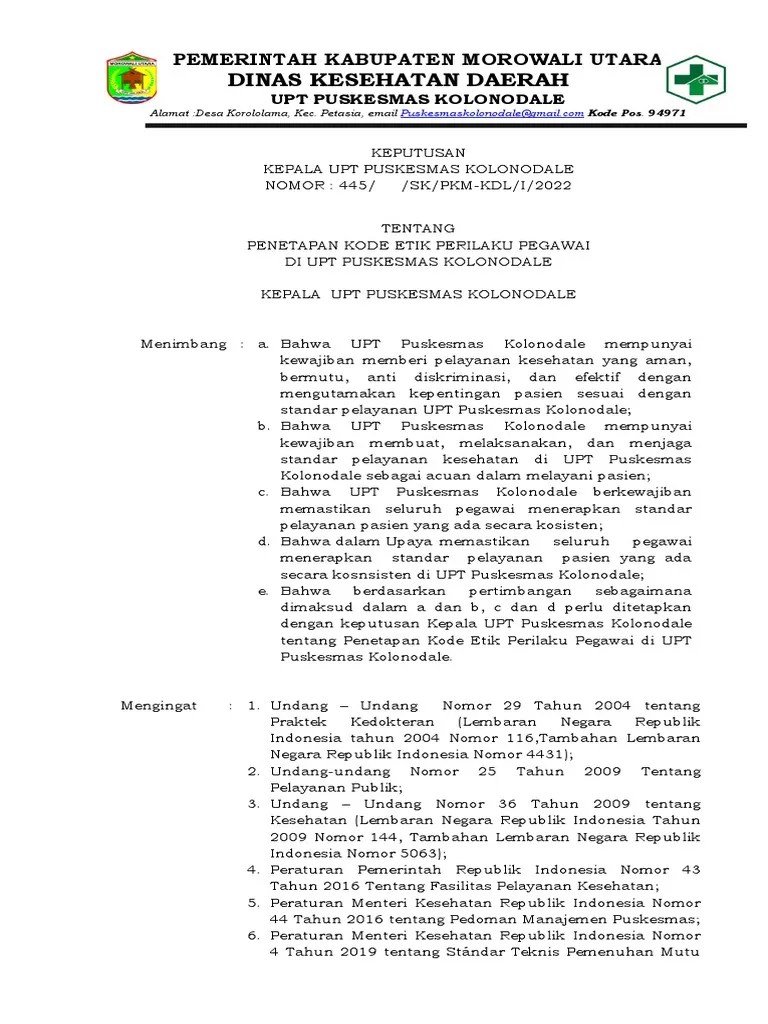 SK Penetapan Kode Etik Perilaku Pegawai Di UPT Puskesmas Kolonodale | PDF