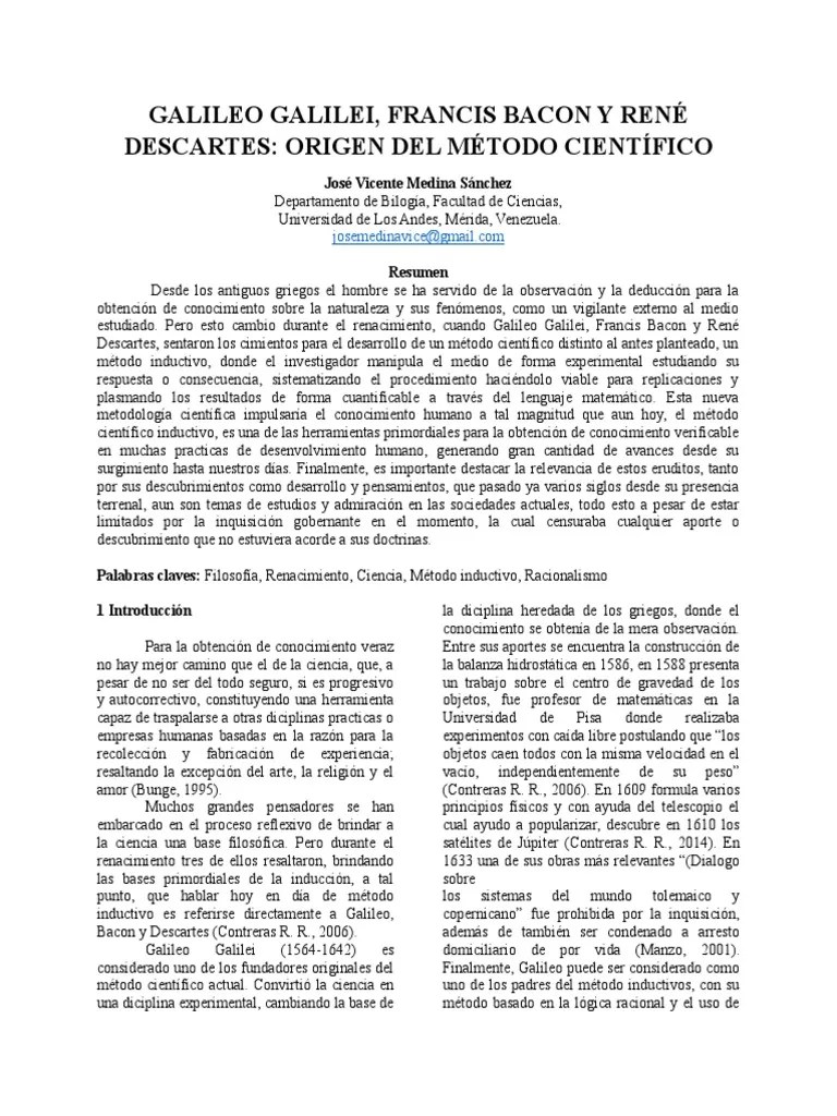 Galileo Galilei, Francis Bacon Y René Descartes Origen Del Método Científico | PDF | Método ...