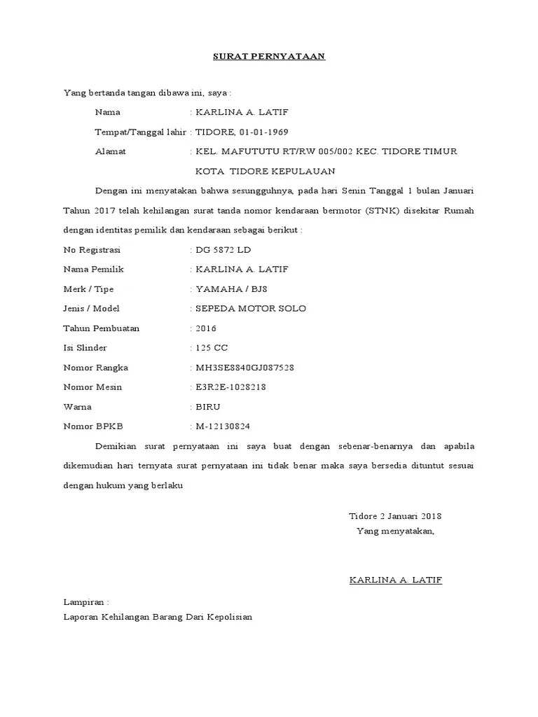 SURAT PERNYATAAN Kehilangan | PDF