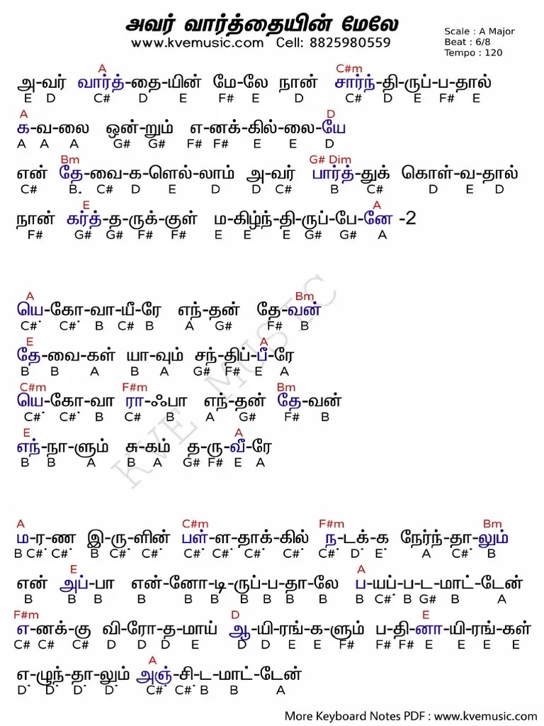 Avar Varthaiyin Mele Tamil Christian Song ABCD Keyboard Notes - Kve Music | PDF