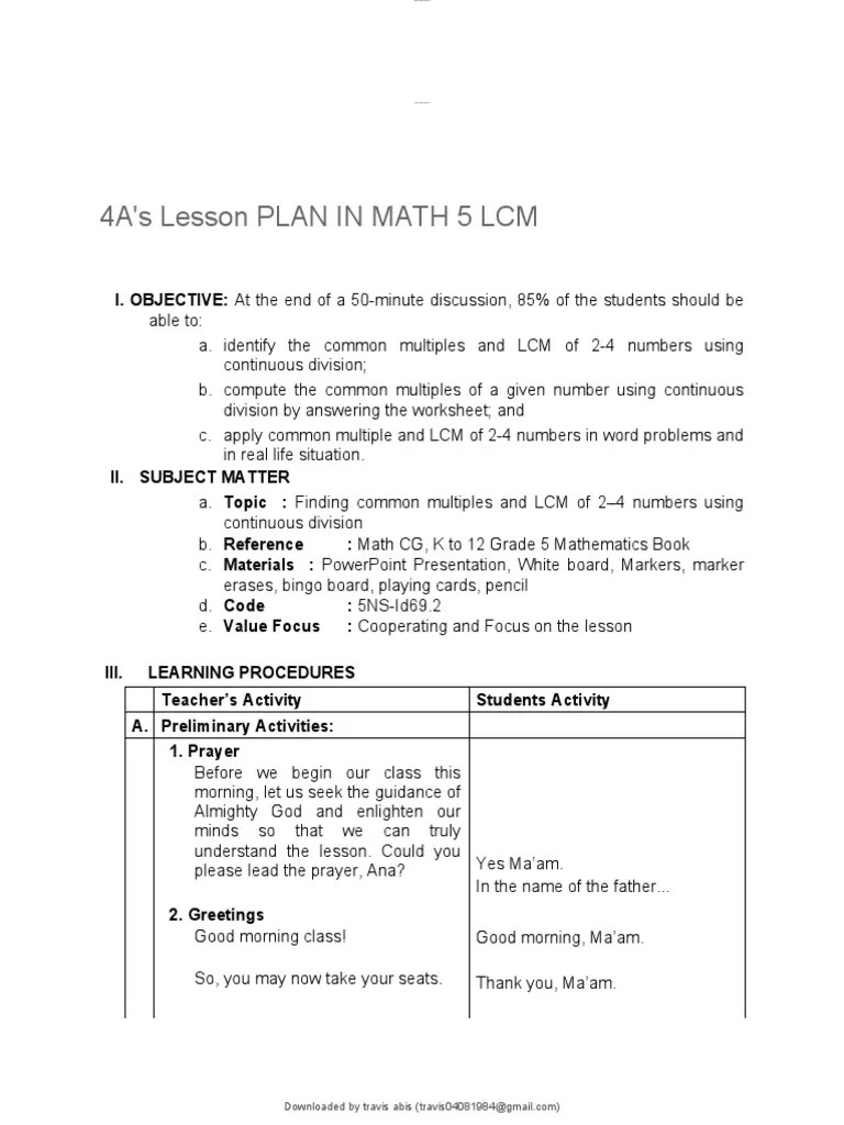 4as Lesson Plan In Math 5 LCM | PDF