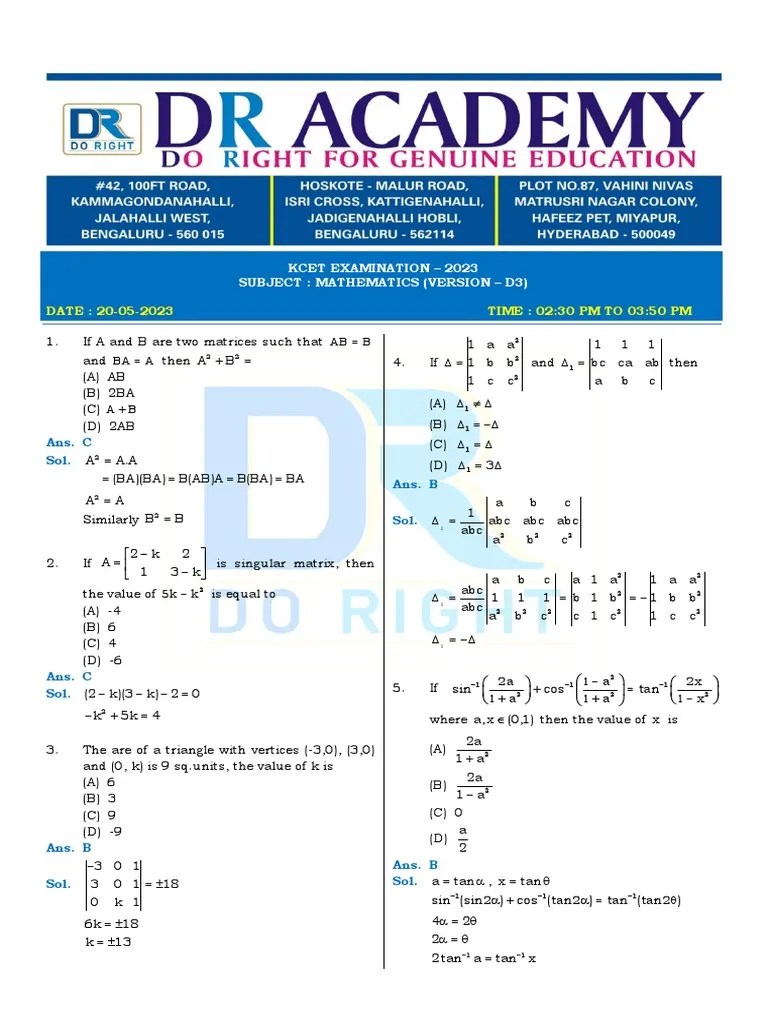 Mathematics Kcet 2023 | PDF | Matrix (Mathematics) | Slope