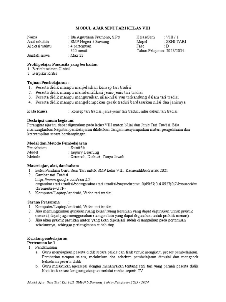 MODUL AJAR SENI TARI KELAS 8 Unit 1 | PDF