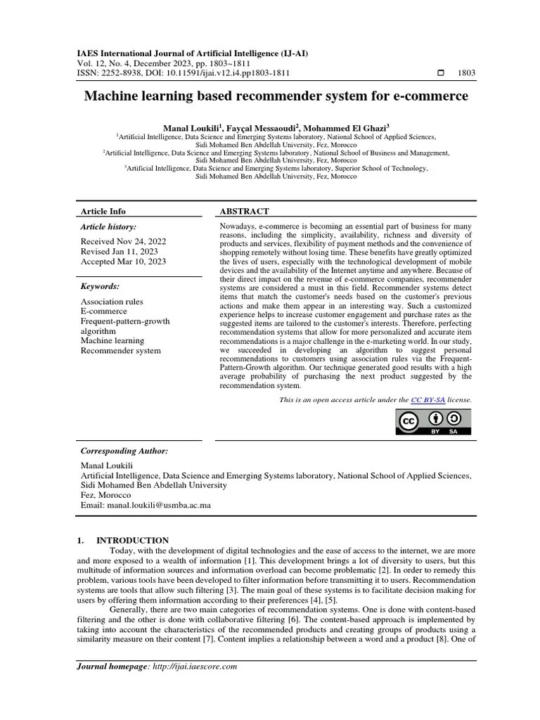 Machine Learning Based Recommender System For E-Commerce | PDF ...