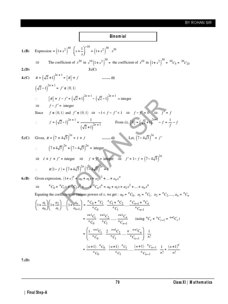 Binomial Theorem Mains Questions Solutions | PDF | Arithmetic ...