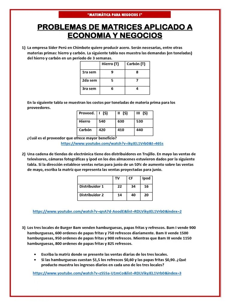 Problemas De Matrices Con Youtube | PDF | Matriz (Matemáticas)