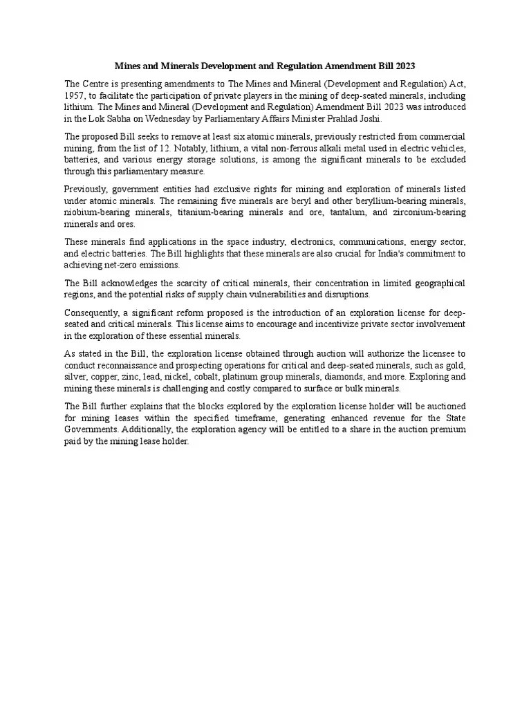 Mines And Minerals Development And Regulation Amendment Bill 2023 | PDF ...