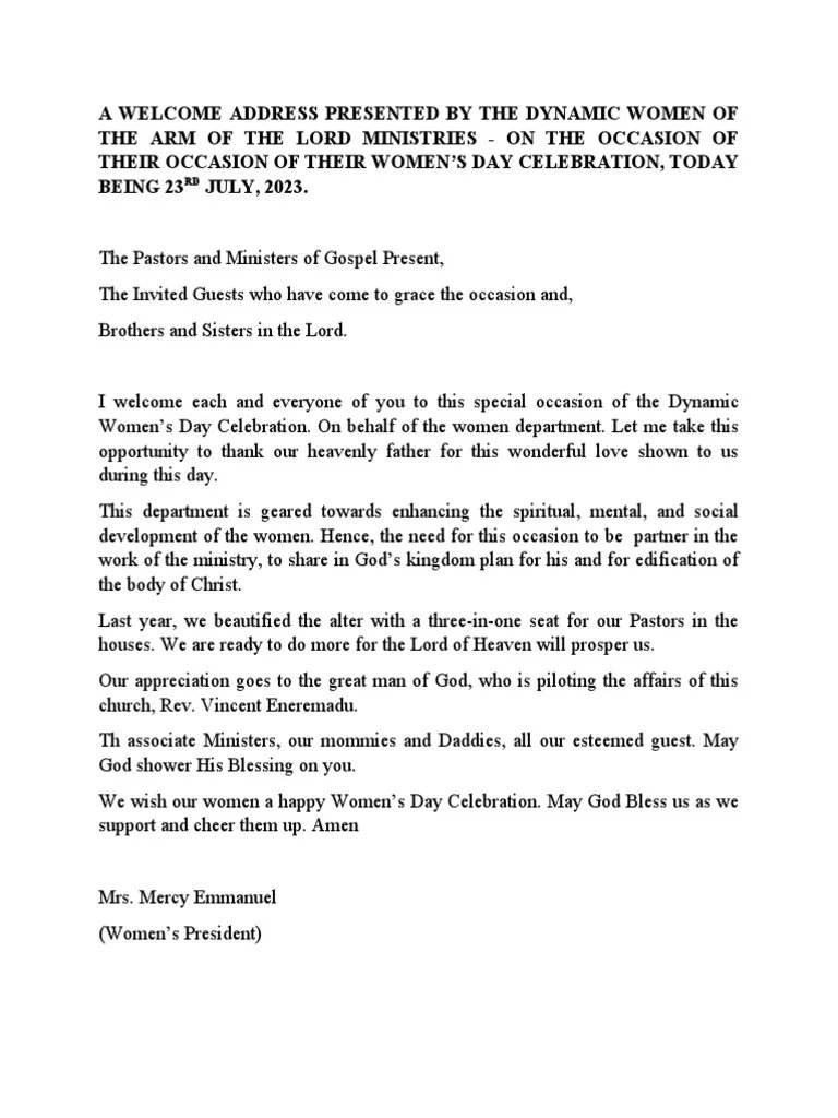 A Welcome Address Presented by The Dynamic Women of The Arm of The Lord ...