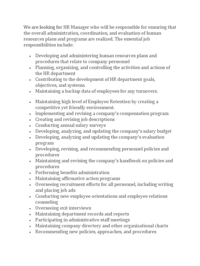 Human Resource Manager Job Description And Responsibilities | PDF