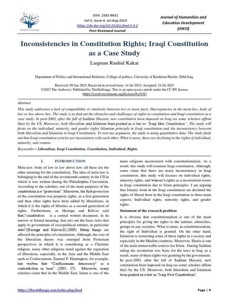 Inconsistencies In Constitution Rights Iraqi Constitution As A Case Study | PDF | Sharia | Iraq