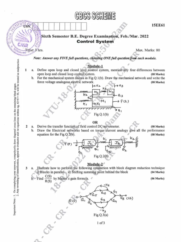 VTU Question Paper Of 15EE61 Control Systems Feb-2022 | PDF