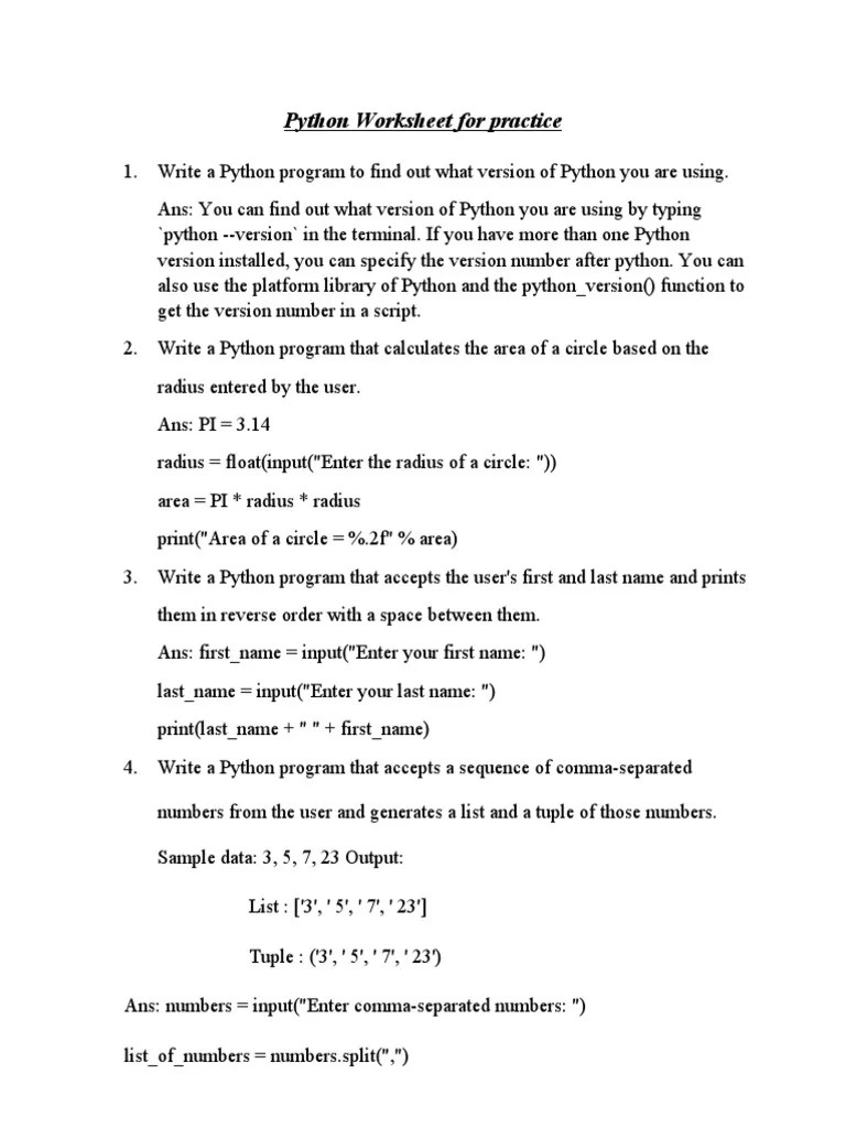 Python Worksheet For Practice | PDF | Python (Programming Language ...
