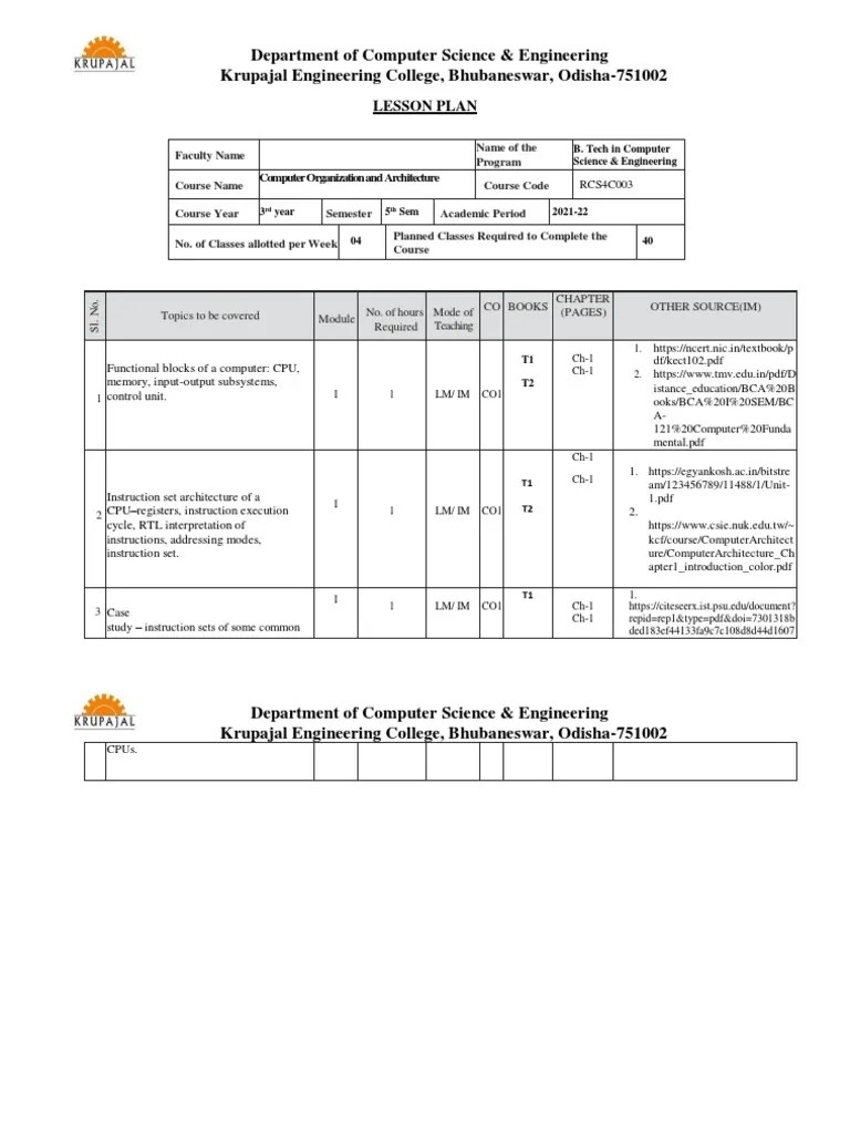 Lesson Plan COA | PDF | Central Processing Unit | Parallel Computing