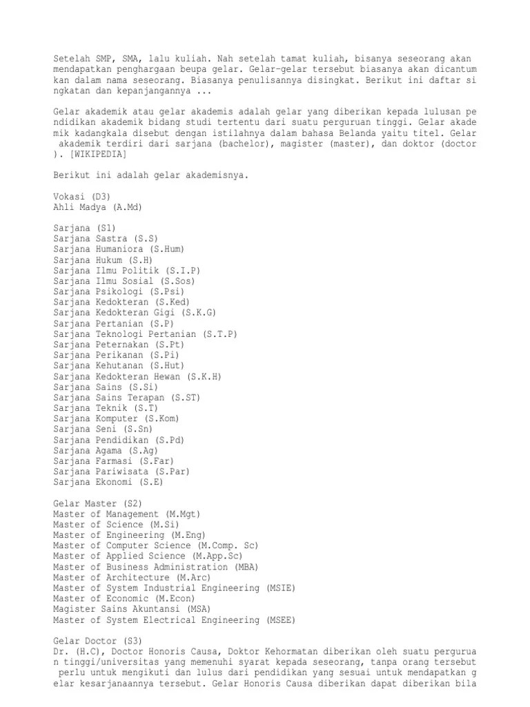 Macam-Macam Gelar Akademik Di Indonesia | PDF