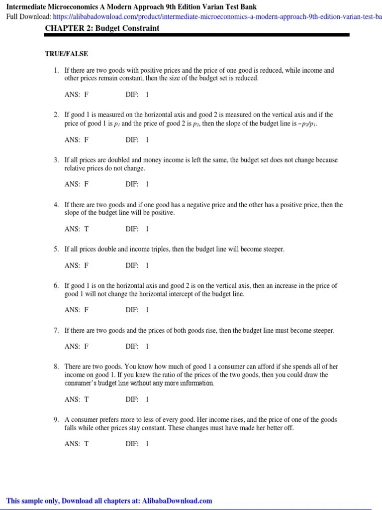 Intermediate Microeconomics A Modern Approach 9th Edition Varian Test ...