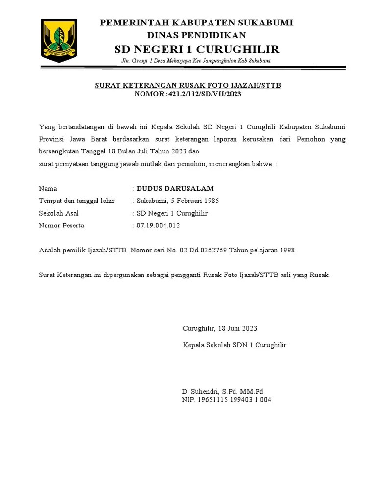 Format Keterangan Ijazah Hilang Rusak | PDF