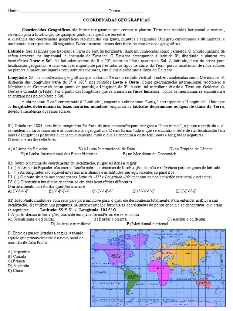 Atividade COORDENADAS GEOGRÁFICAS | PDF