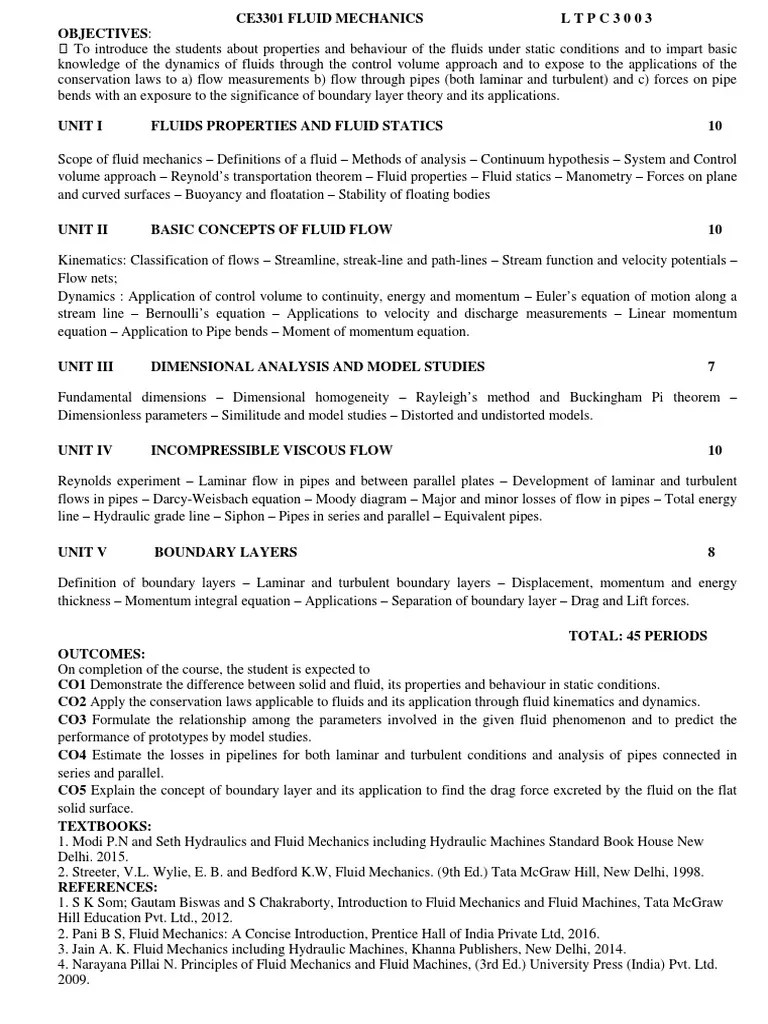 CE3301 FLUID MECHANICS Syllabus | PDF | Fluid Dynamics | Fluid Mechanics