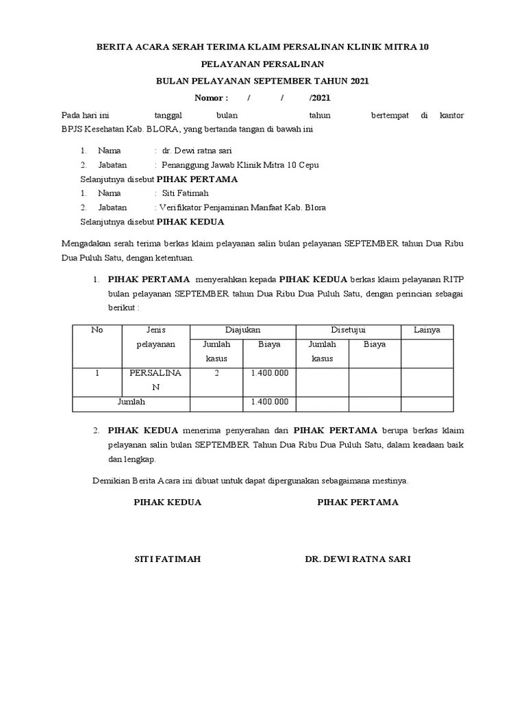Berita Acara Serah Terima Klaim Persalinan | PDF