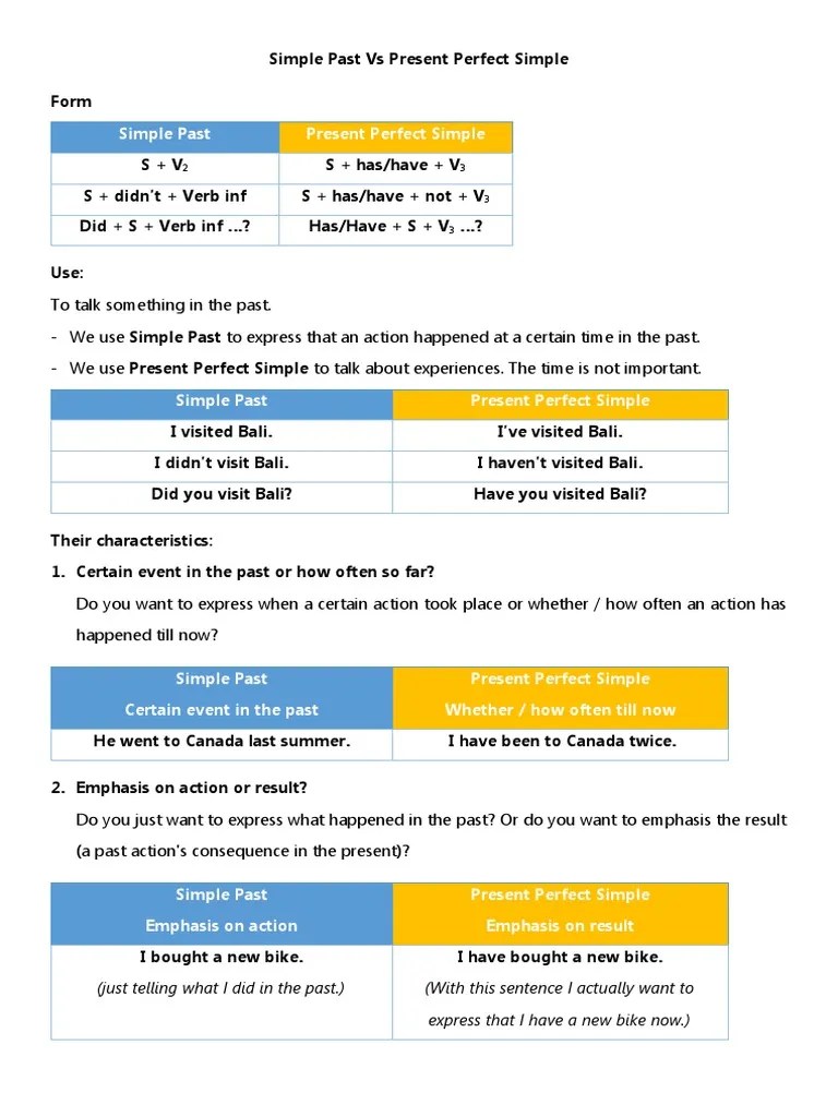 Simple Past Vs Present Perfect Simple | PDF | Grammatical Tense | Linguistics