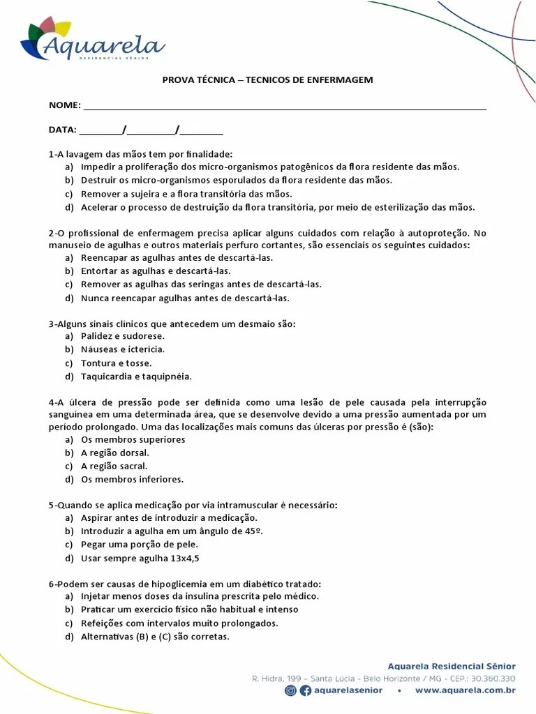 Prova Tecnica Tecnicos Enfermagem Timbrado | PDF