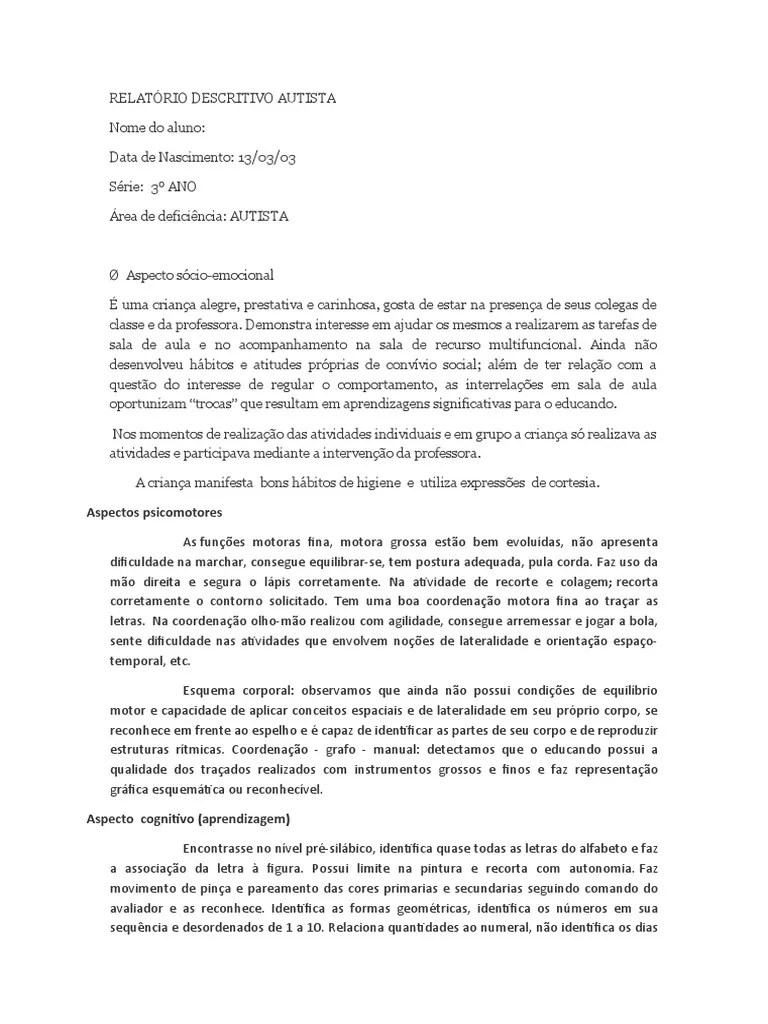 Relatório Aluno Autista | PDF