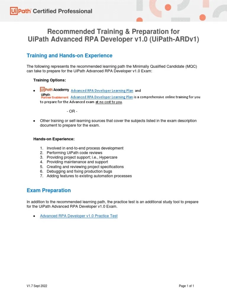 UiPath Certified Professional - Advanced RPA Developer V1.0 Recommended ...