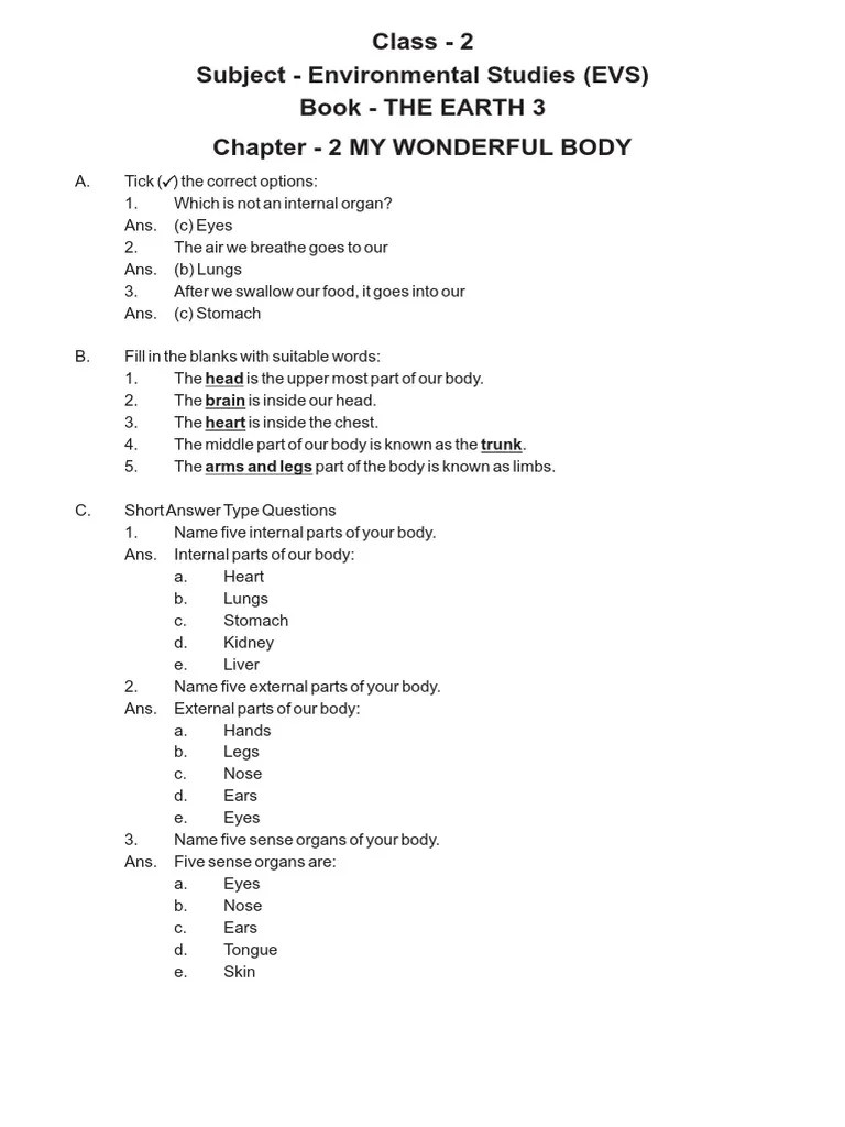 Class 2 Subject EVS Chapter 2 My Wonderful Body | PDF