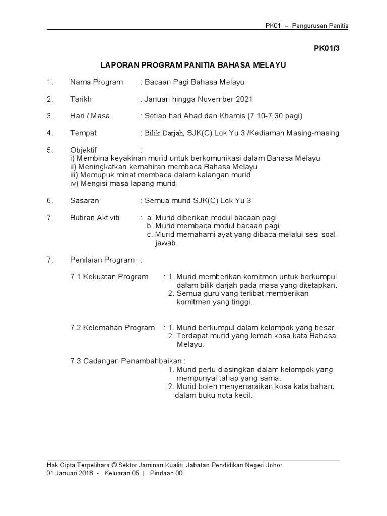 Laporan Program Bacaan Pagi Bahasa Melayu Pdf Karier Perkembangan