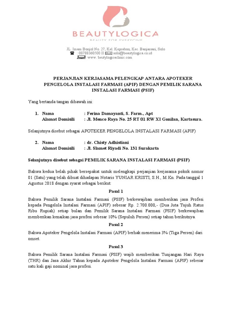 Perjanjian Kerjasama Pelengkap Antara Apoteker Pengelola Instalasi Farmasi | PDF