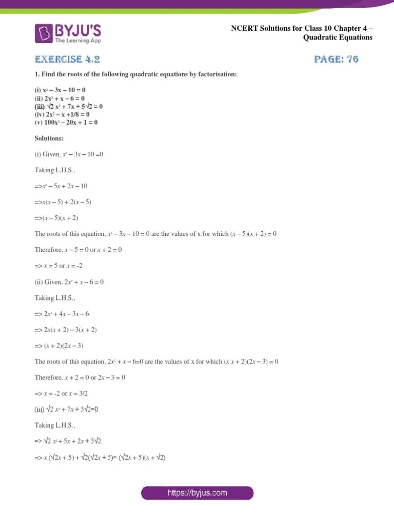 NCERT Solutions For Class 10 Chapter 4 – Quadratic Equations Exercise 4 ...