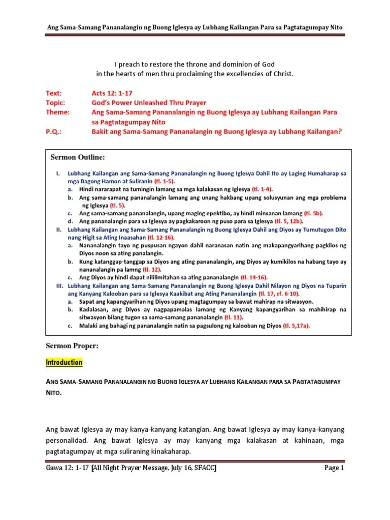 Gawa 12 - 1.17 Ang Sama-Samang Pananalangin NG Buong Iglesya Ay Lubhang Kailangan Para Sa ...