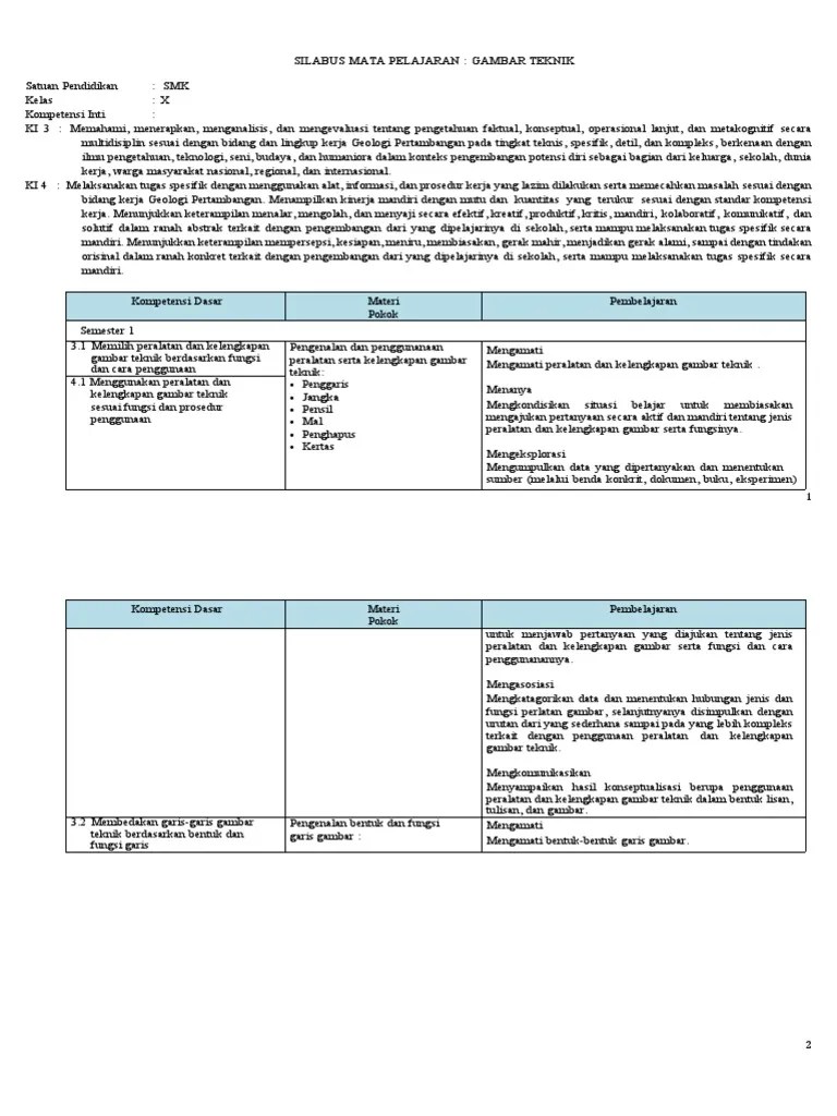 Silabus Gambar Teknik Kelas X K13 PDF Free | PDF