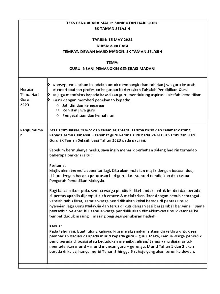 Teks Majlis Sambutan Hari Guru 2023-2024 | PDF