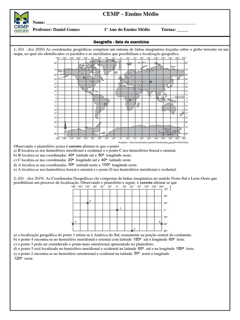 Exercicios Coordenadas Geograficas | PDF