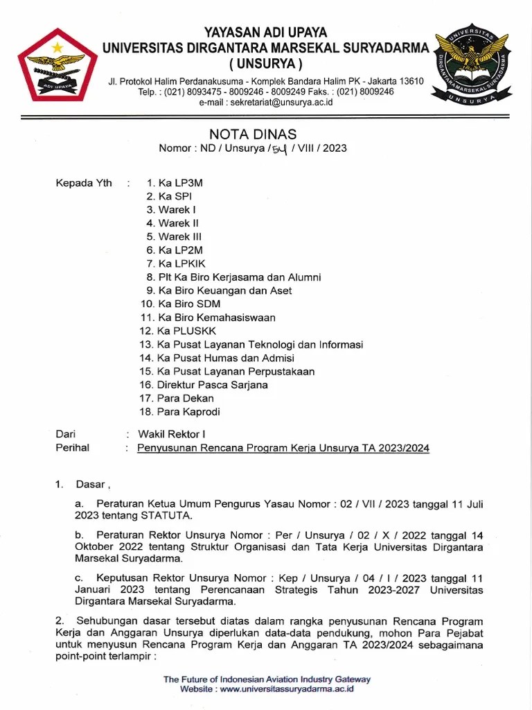 Nota Dinas Penyusunan Rencana Program Kerja Unsurya Ta.2023-2024 | PDF