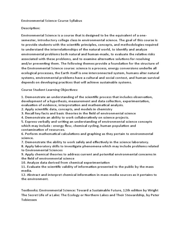 Environmental Science Course Syllabus | PDF | Wellness | Science & Mathematics